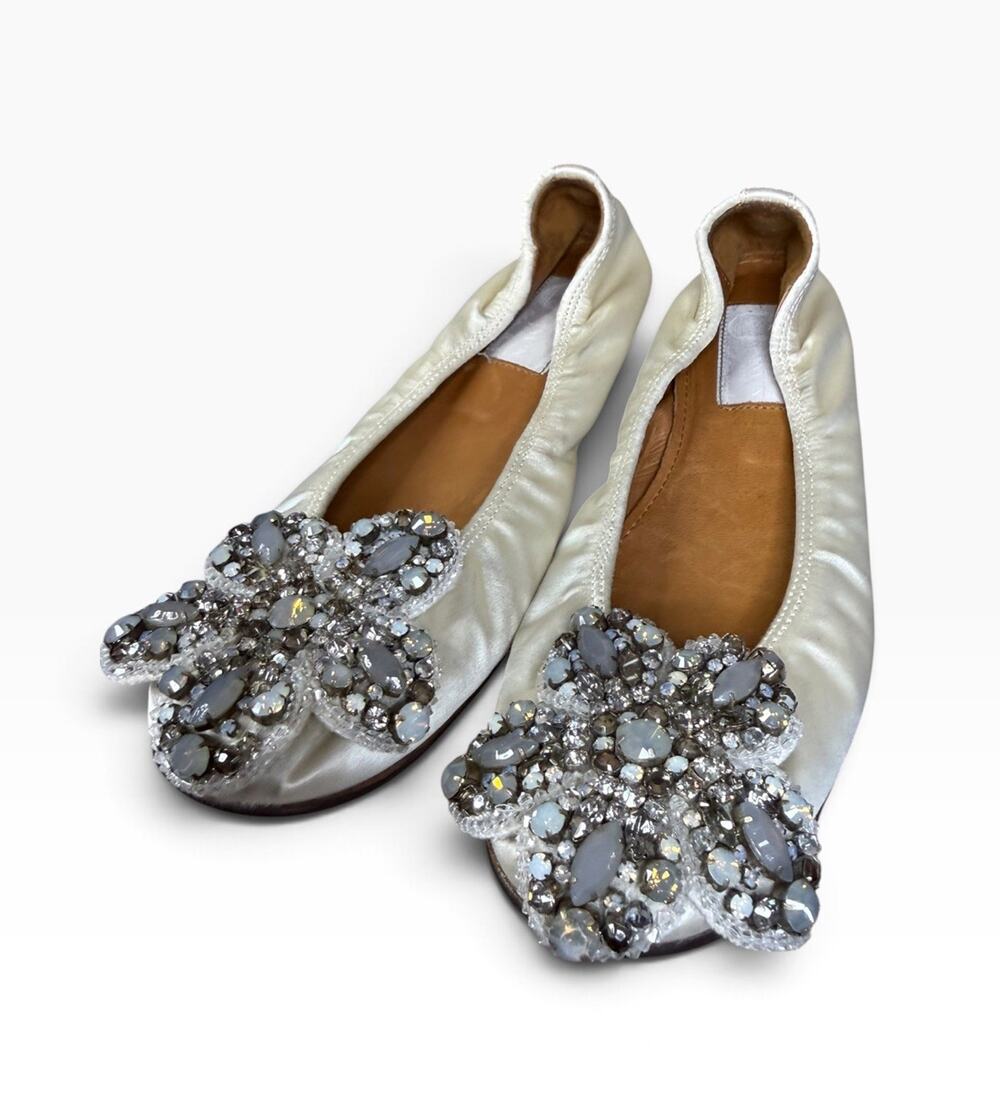 Lanvin Ivory Satin Embellished Flower Ballet Flats EU 37.5 Bridal